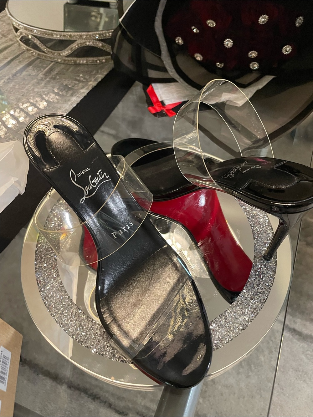 Christian Louboutin Black and Red Clear Strap Glitter Platform Heels - Picture 2 of 9